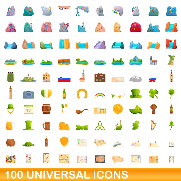 100 universal icons set. Cartoon illustration of 100 universal icons vector set isolated on white background