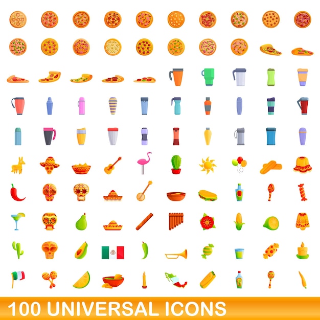 100 universal icons set. Cartoon illustration of 100 universal icons vector set isolated on white background