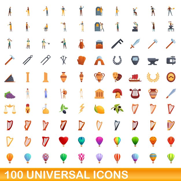 100 universal icons set, cartoon style