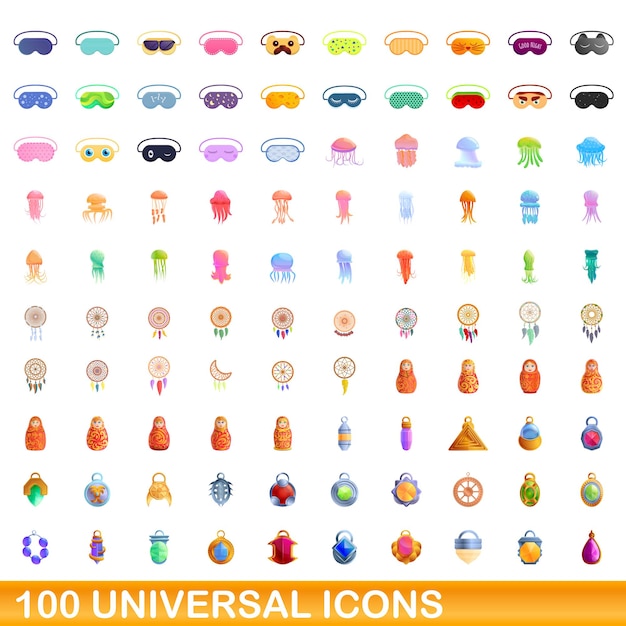 Vector 100 universal icons set, cartoon style