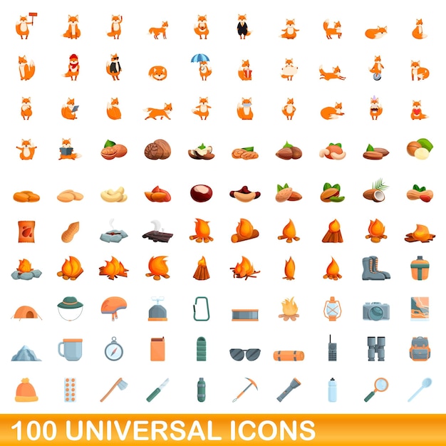 100 universal icons set, cartoon style