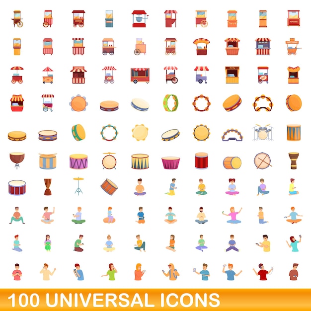 100 универсальных иконок, мультяшный стиль