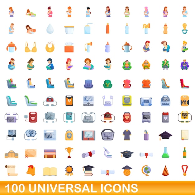 100 universal icons set, cartoon style