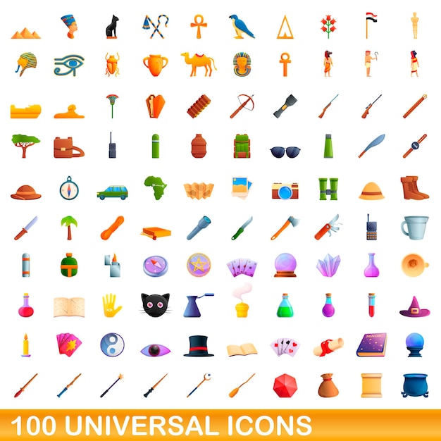 100 universal icons set, cartoon style