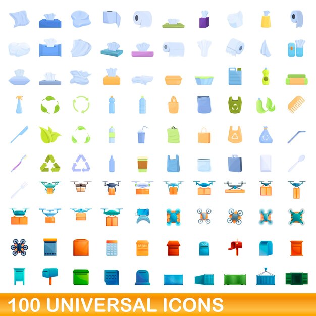 100 universal icons set, cartoon style