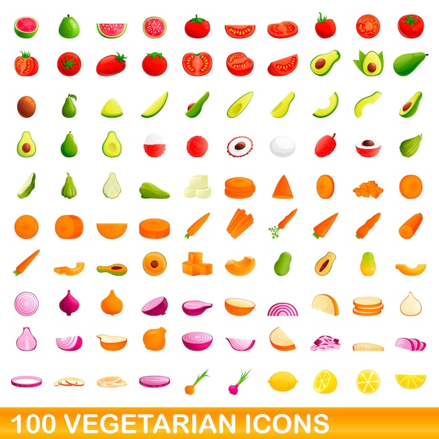 Набор 100 вегетарианских иконок. карикатура иллюстрации 100 вегетарианских иконок вектора набор, изолированные на белом фоне