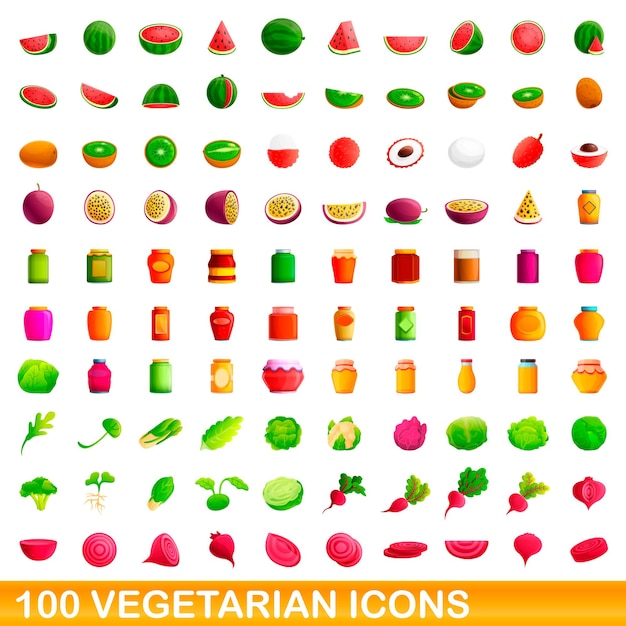 Набор 100 вегетарианских иконок. карикатура иллюстрации 100 вегетарианских иконок вектора набор, изолированные на белом фоне