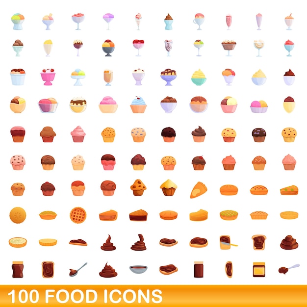 100 voedsel pictogrammen instellen. cartoon illustratie van 100 voedsel iconen vector set geïsoleerd op een witte background