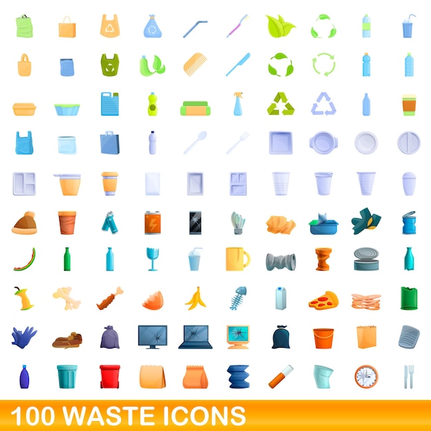 100 waste icons set. Cartoon illustration of 100 waste icons vector set isolated on white background