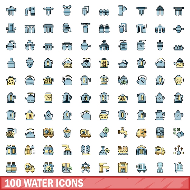 100 waterpictogrammen set Kleur lijn set van water vector pictogrammen dunne lijn kleur plat op wit