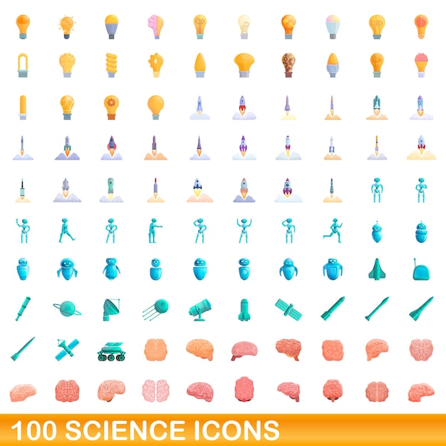 100 wetenschap pictogrammen instellen. Cartoon illustratie van 100 wetenschap iconen vector set geïsoleerd op een witte background