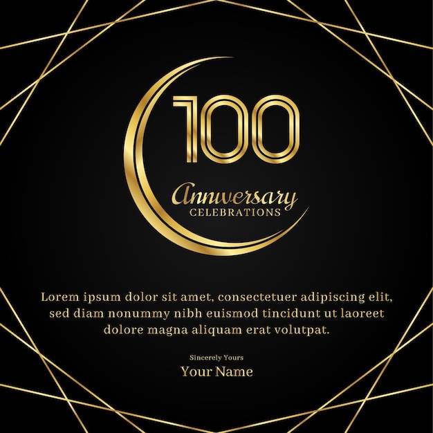 100 years anniversary with a half moon design double lines of gold color numbers and text anniversary celebrations on a luxurious black and gold background