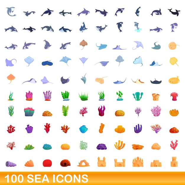 100 zee iconen set, cartoon stijl