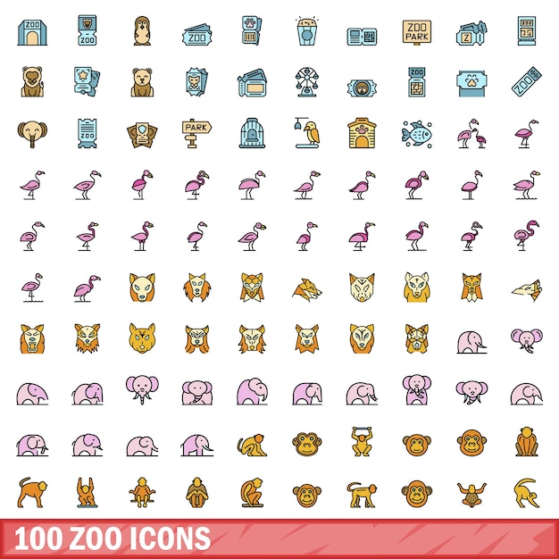 100 zoo icons set Color line set of zoo vector icons thin line color flat on white