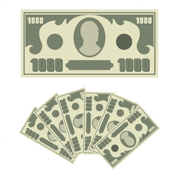 ベクトル 1000ドルの請求書とお金の現金ファン。白い背景に分離された平らなシンプルな紙幣アイコン。