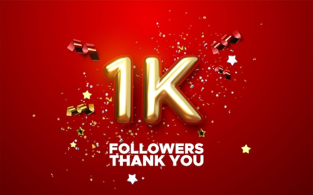 1000 followers sign with golden sign and confetti of social media banner design