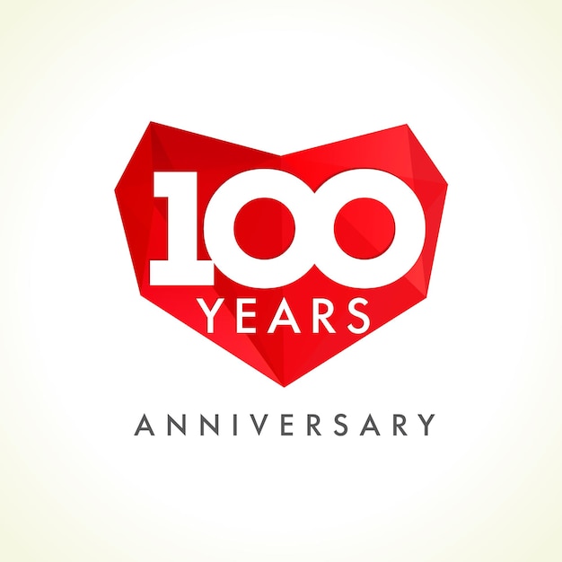 100e verjaardag 100 jaar oud vieren vector logo. Verjaardagsgroeten met glas-in-lood hart