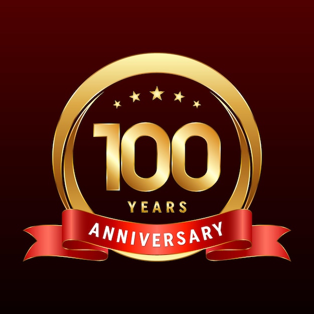 100th Anniversary logo design with golden ring and red ribbon Logo Vector Template Illustration