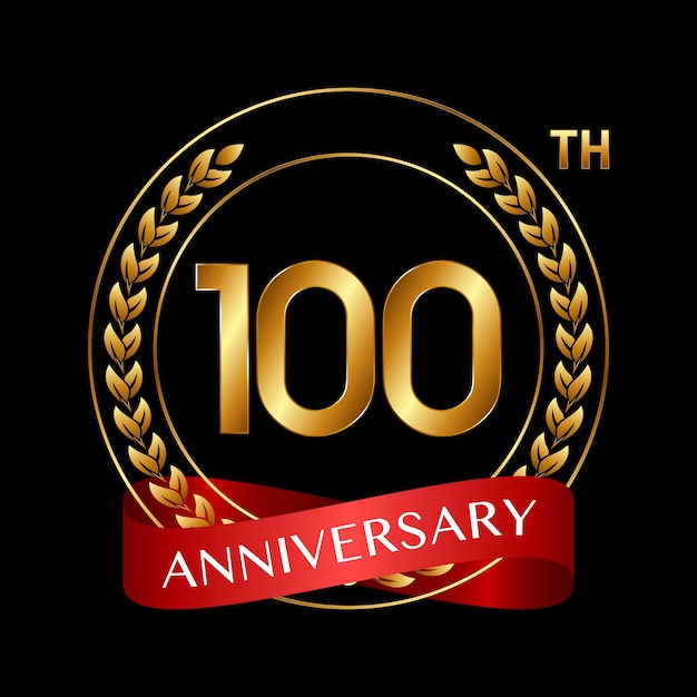 Дизайн логотипа к 100-летию с векторной иллюстрацией логотипа лаврового венка и красной ленты