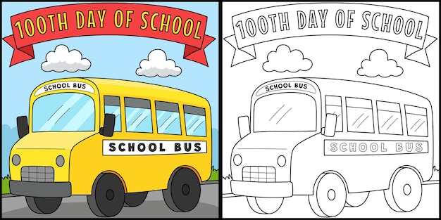 Illustrazione della pagina da colorare del centesimo giorno dello scuolabus