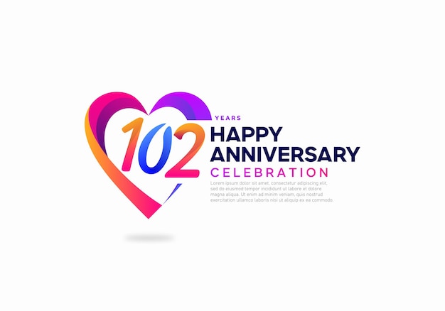 102 anni di anniversario con modello di progettazione del logo dell'icona di forma d'amore