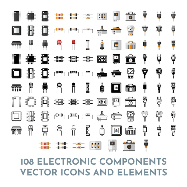 108 Electronic Components Vector Icon Pack and Elements