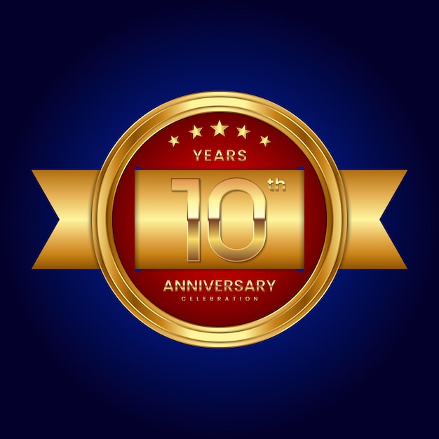 10e verjaardagslogo met badgestijl Verjaardagslogo met gouden kleur en lint Logo Vector