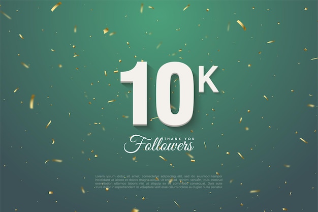 10k Follower-achtergrond met witte cijfers op een donkergroene achtergrond in gouden patronen.