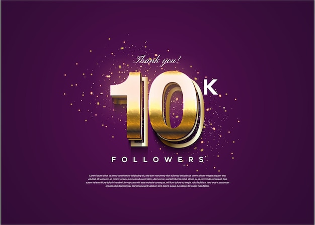 10k followers celebration with purple color and gold glitter background design premium vector