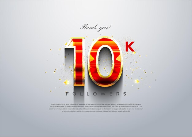 Celebrazione di 10k follower con numeri rossi lucidi dal design premium vettoriale