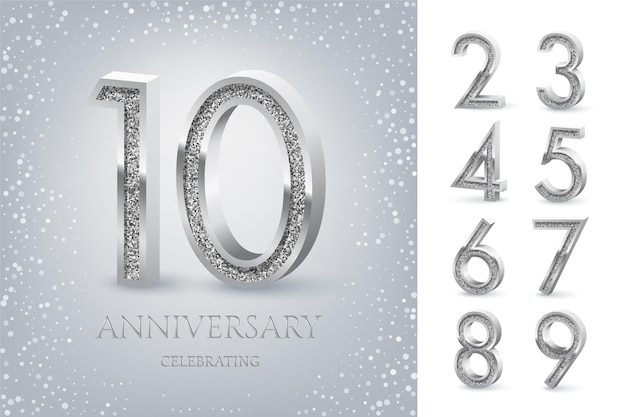 10th anniversary celebrating silver text and confetti on light blue background with numbers