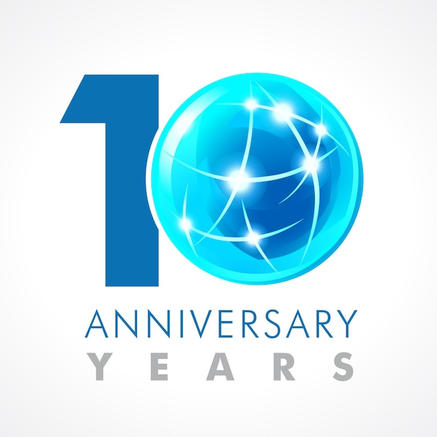 10th anniversary number. 10 years old logotype. Bright blue coloured icon. Isolated graphic design.