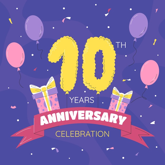 10周年記念のお祝いのバナー誕生日のお祝いの要素を持つ黄金の風船の数