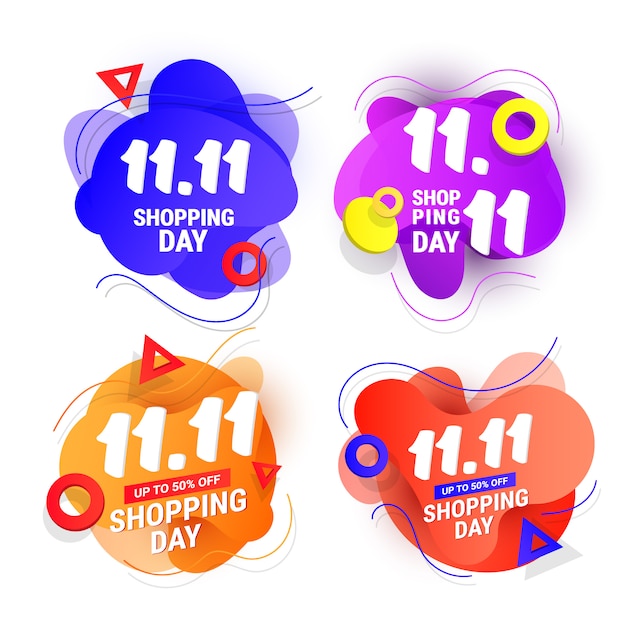 11.11 banner di design per la vendita del giorno dello shopping impostato con onda in plastica liquida sfumata e forme sfumate