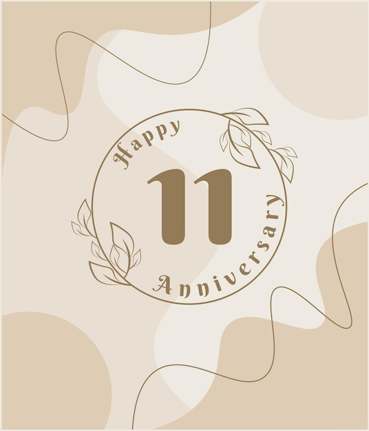 11 year anniversary, minimalist logo. brown vector illustration on minimalist foliage template.