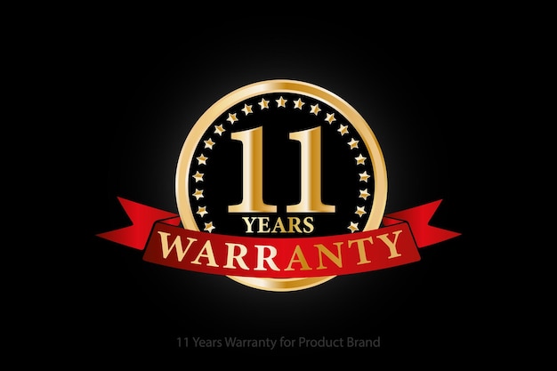 Логотип золотой гарантии 11 лет с кольцом и красной лентой на черном фоне
