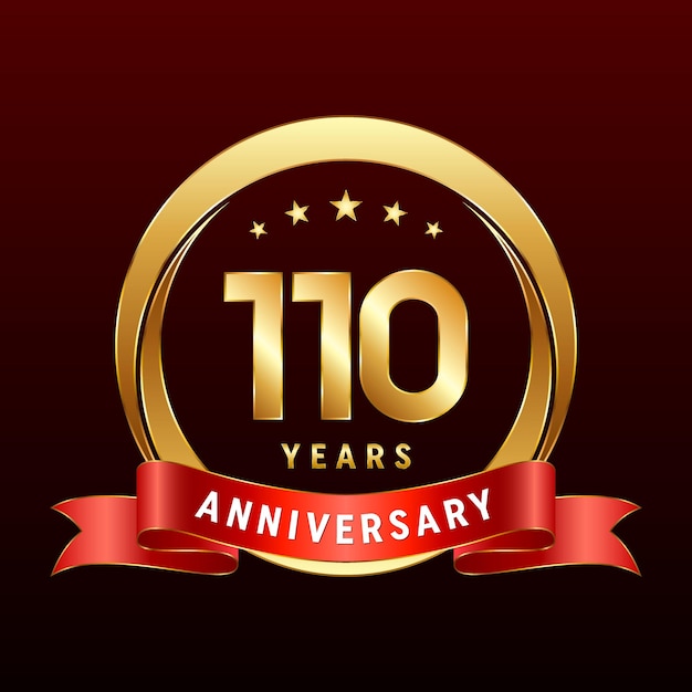 110th Anniversary logo design with golden ring and red ribbon Logo Vector Template Illustration