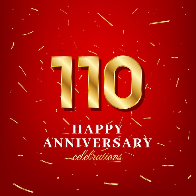 110th anniversary vector template with a golden number and golden confetti spread on a red background