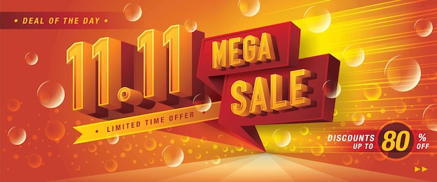 Вектор Шаблон баннера mega sale day 1111 с абстрактным желтым пузырем и веб-заголовком для рекламного плаката