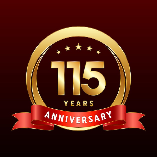 115th Anniversary logo design with golden ring and red ribbon Logo Vector Template Illustration