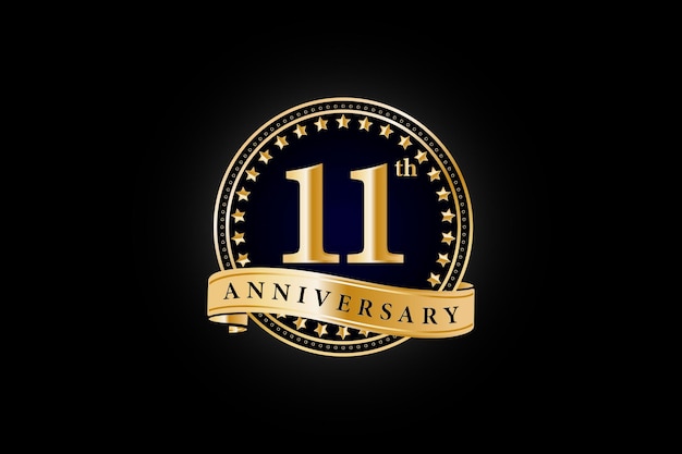 11e gouden jubileum logo met gouden ring en lint geïsoleerd op zwarte achtergrond