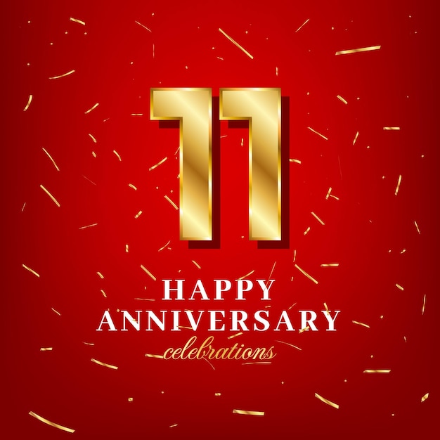 Векторный шаблон 11-й годовщины с золотым номером и золотым конфетти на красном фоне
