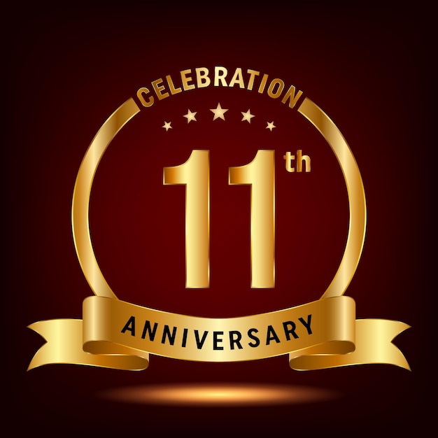 11th Anniversary Celebration logo design with ring and gold ribbon Logo Vector Template