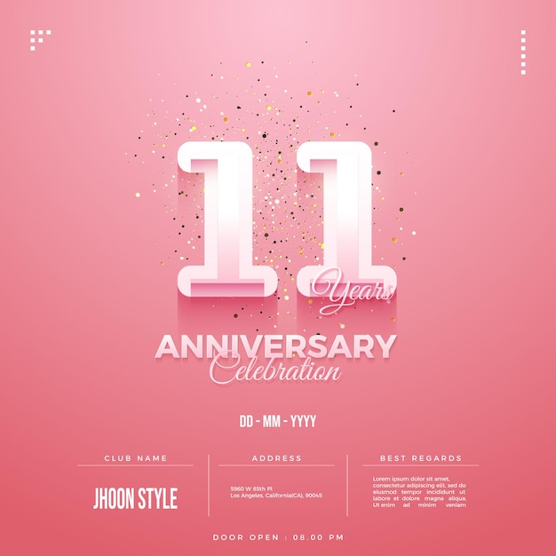 The 11th anniversary invitation with a net white number in the pink background