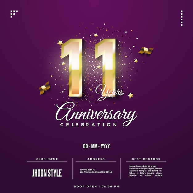 11th anniversary invitation with numbers decorated with stars and gold ribbon