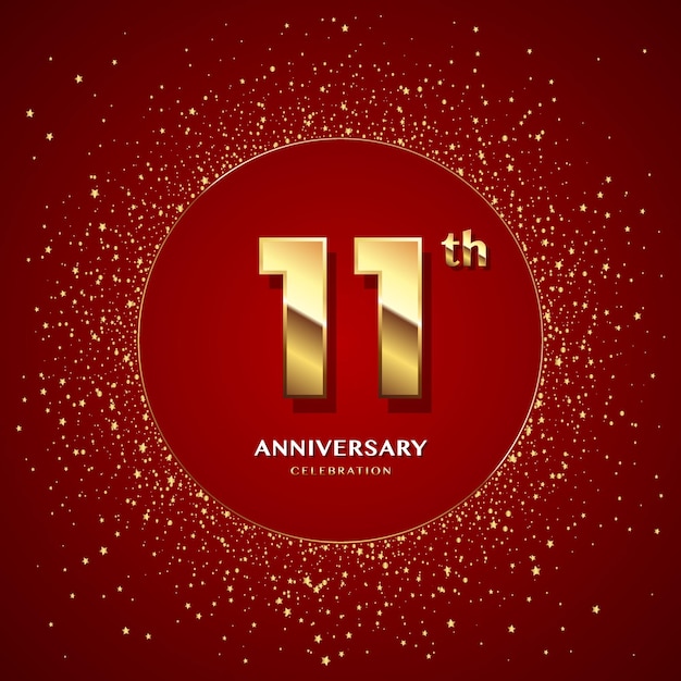 11th anniversary logo with gold numbers and glitter isolated on a red background