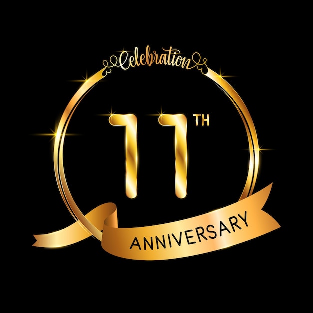 Vector 11th anniversary template design with gold color ribbon and ring logo vector template