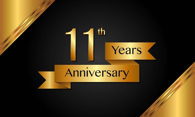 11th Anniversary template design with golden ribbon Vector template illustration