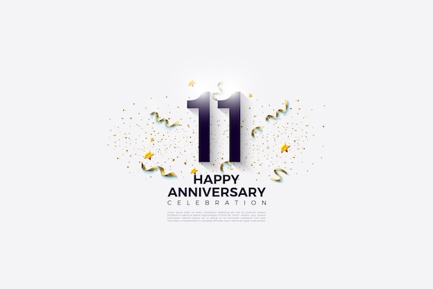 Vector 11th anniversary with numbers and confetti on a clean white background.