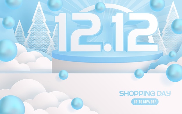 12.12 쇼핑 축제, 겨울 배경의 음성 마케팅 배너 디자인, 둥근 연단, 눈, 공예 스타일의 플로팅 리본.
